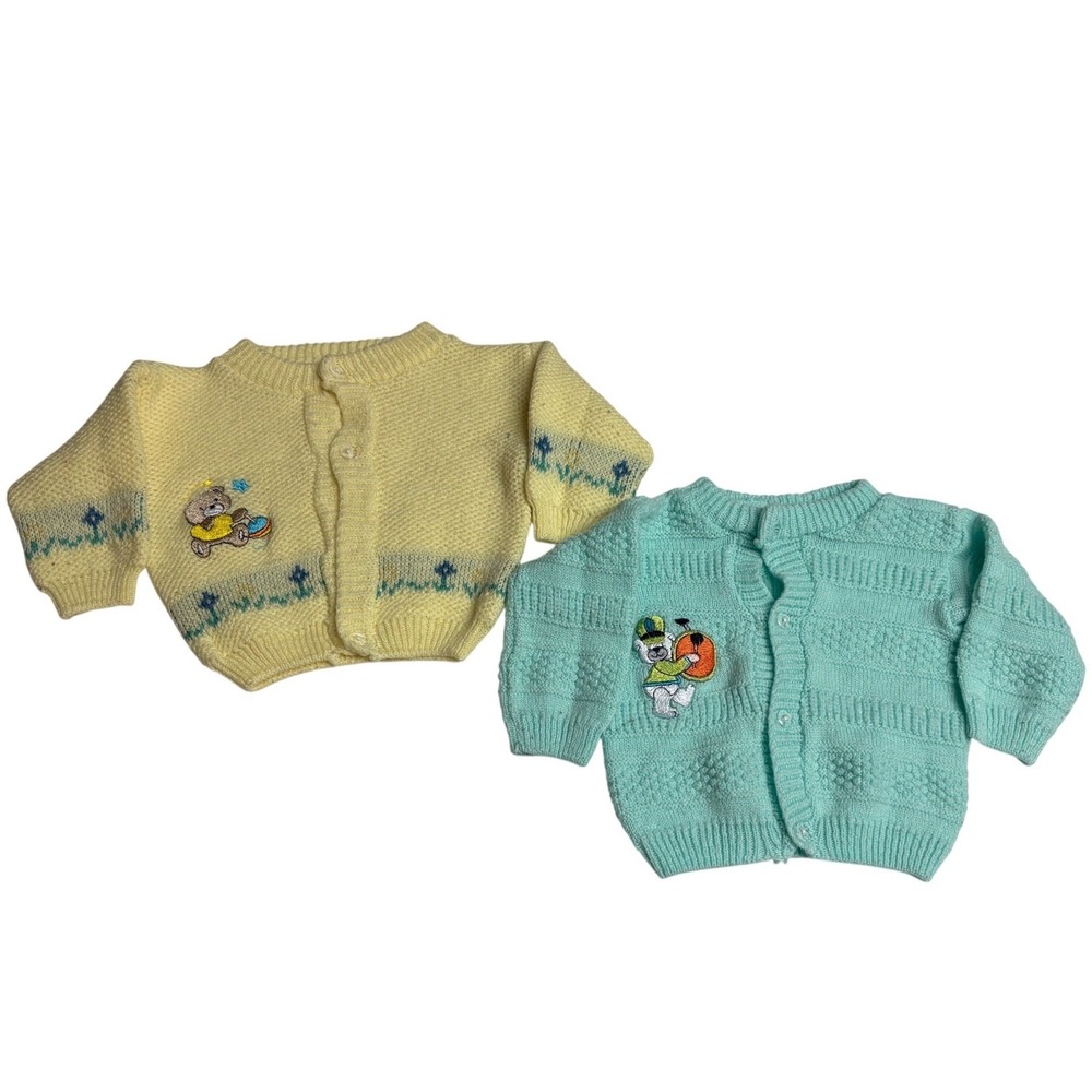 Vintage Lot 2‎ Baby Knit Sweater Sets 6-9 Months Embroidered Teddy Bear Cardigan